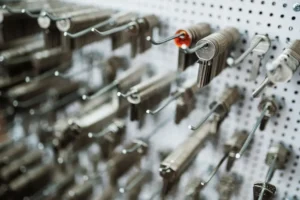 Wall of key blanks inside a Denver locksmith shop