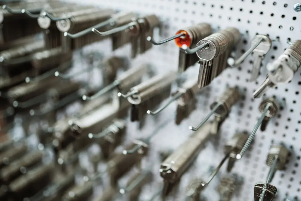 Wall of key blanks inside a Denver locksmith shop